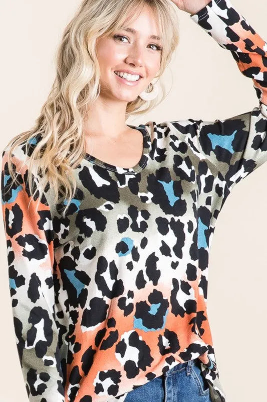 Gradation Leopard Print Soft Knit Deep U Neck Top | Easy Pickins