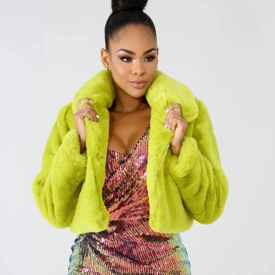 Fluffy Faux Fur Cropped Turn Down Collar Open Front Jacket