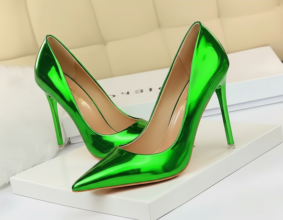 Shiny green high-heeled shoes