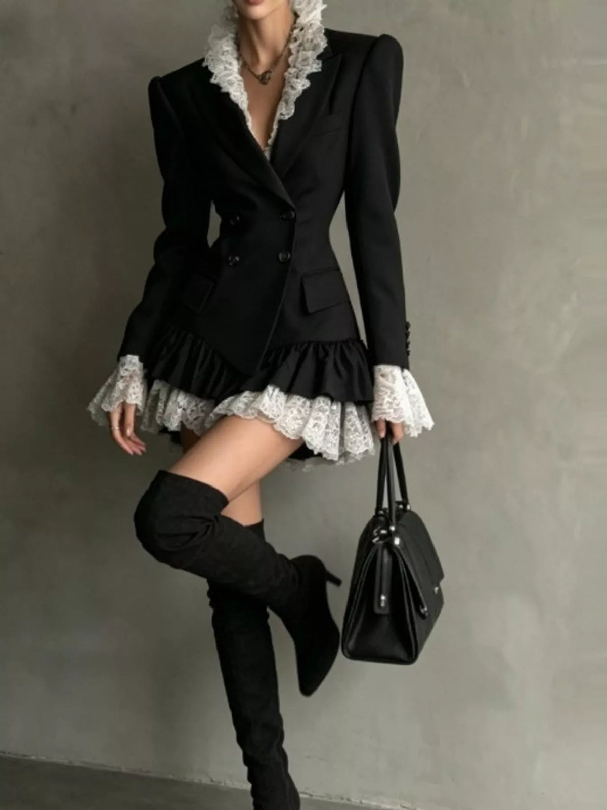 Lace Trim Double-Breasted Blazer Dress