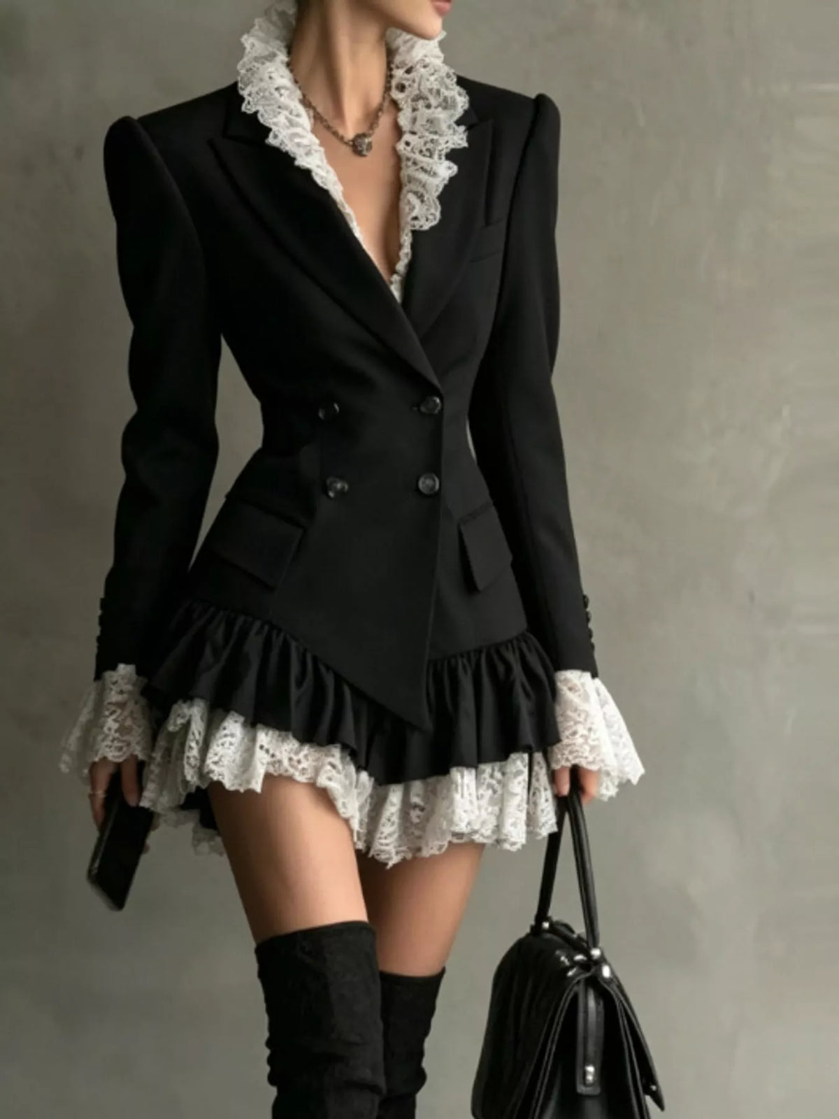 Lace Trim Double-Breasted Blazer Dress