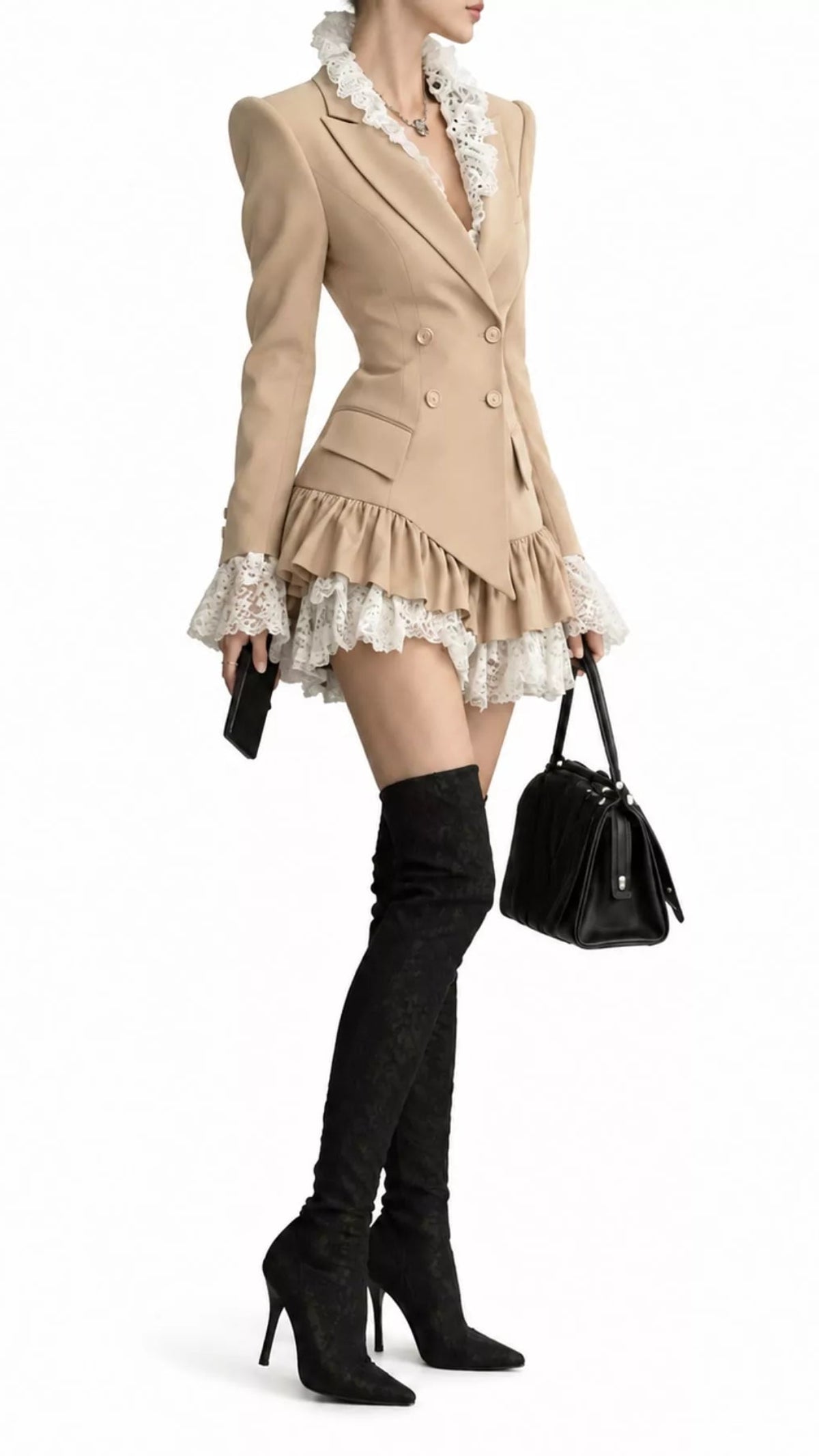 Lace Trim Double-Breasted Blazer Dress