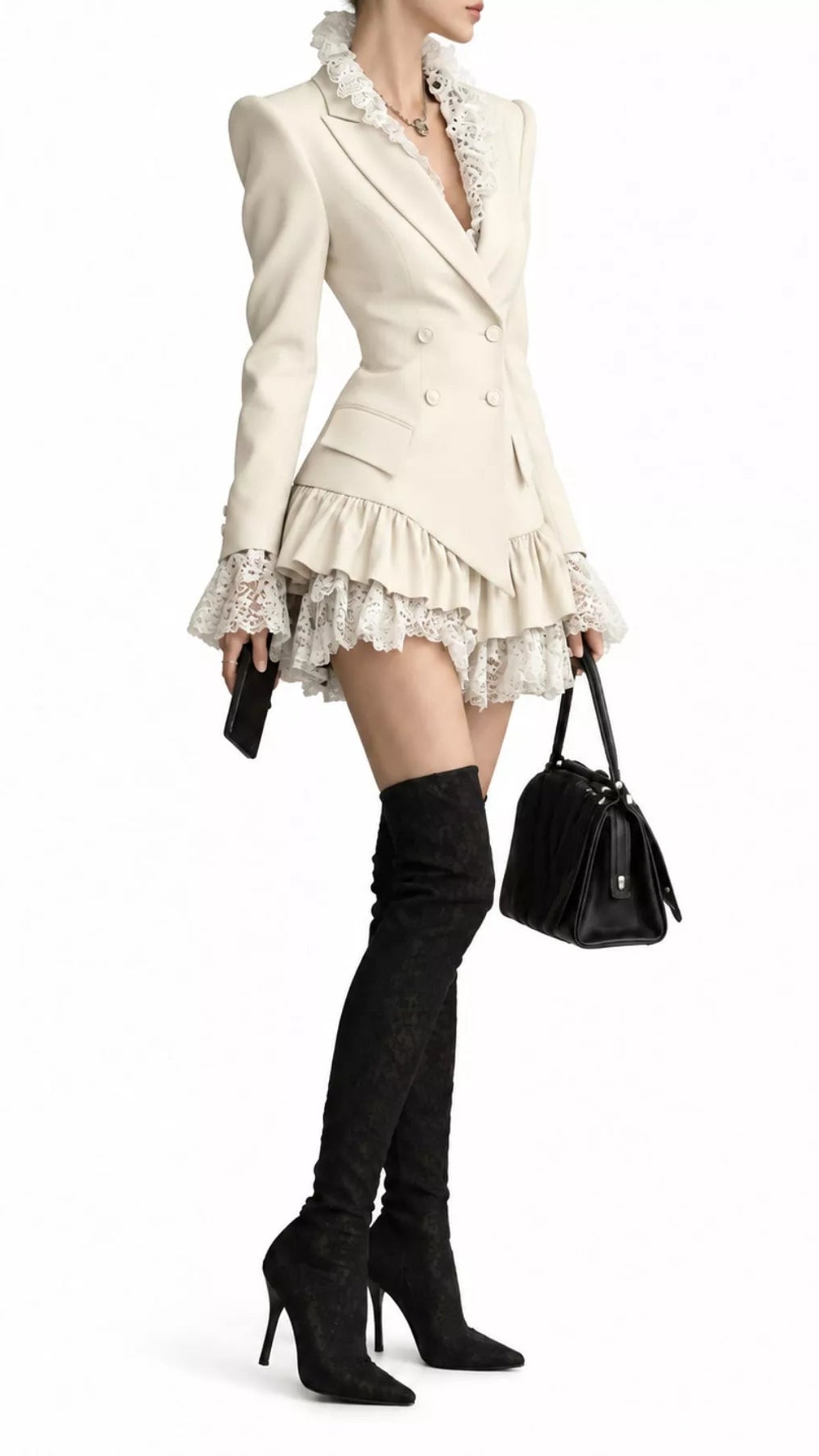 Lace Trim Double-Breasted Blazer Dress