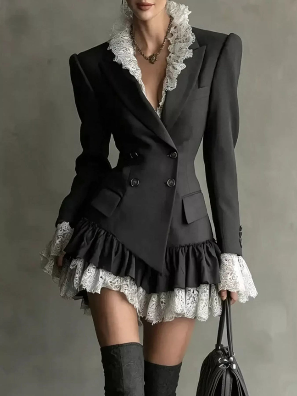 Lace Trim Double-Breasted Blazer Dress