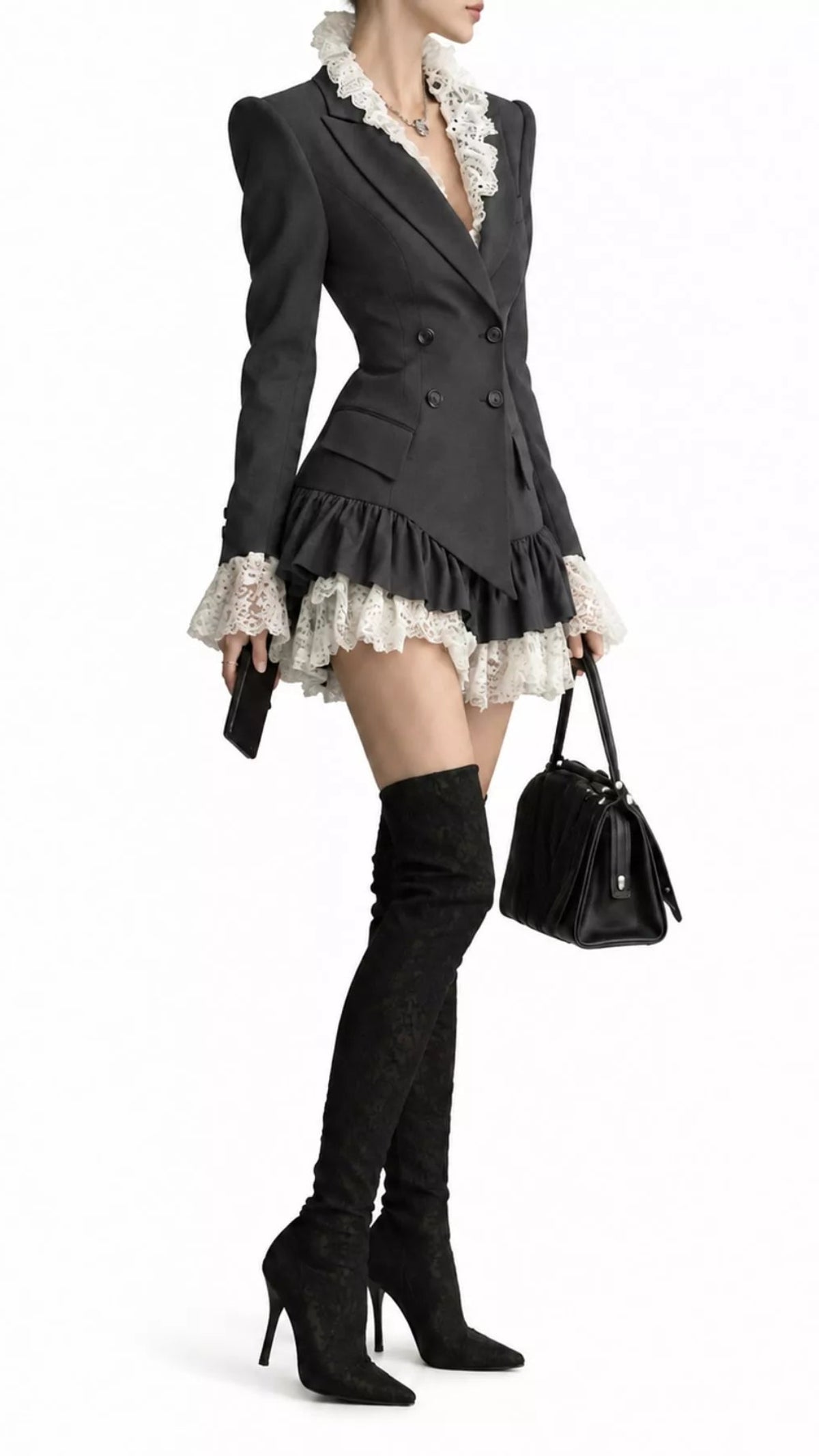 Lace Trim Double-Breasted Blazer Dress