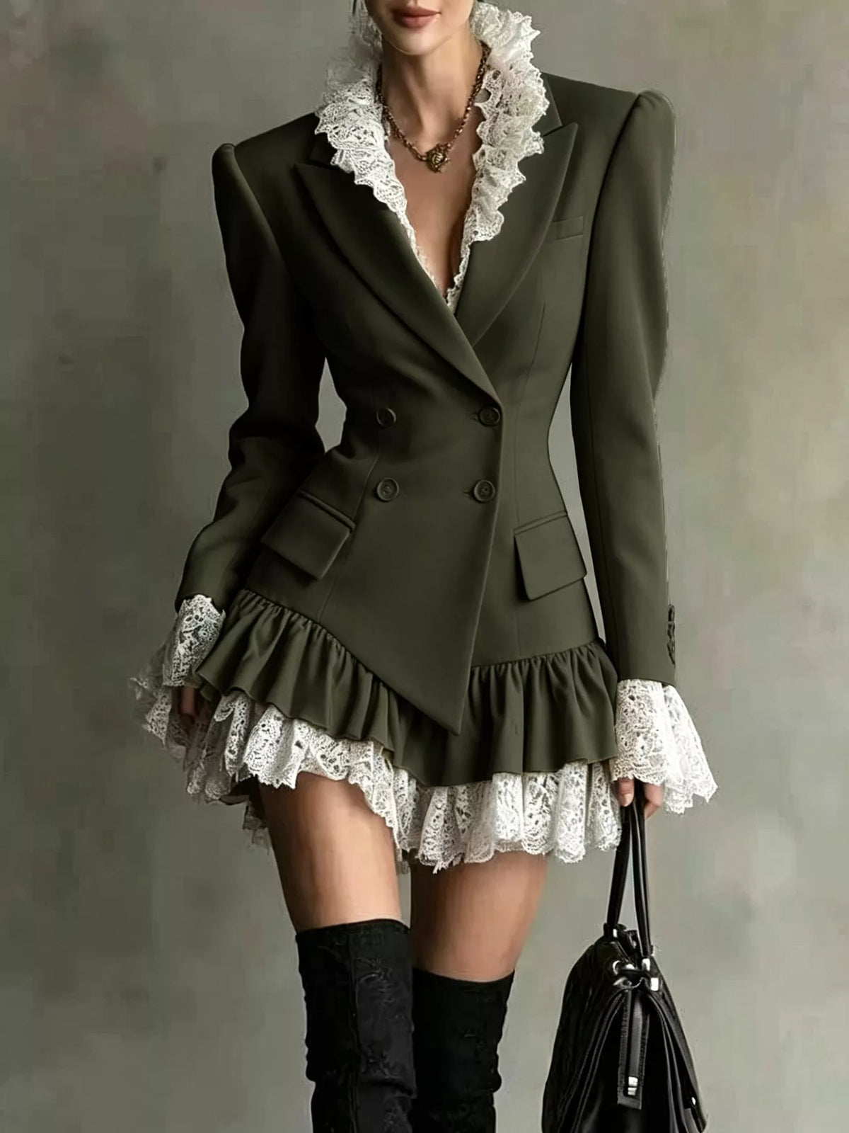 Lace Trim Double-Breasted Blazer Dress