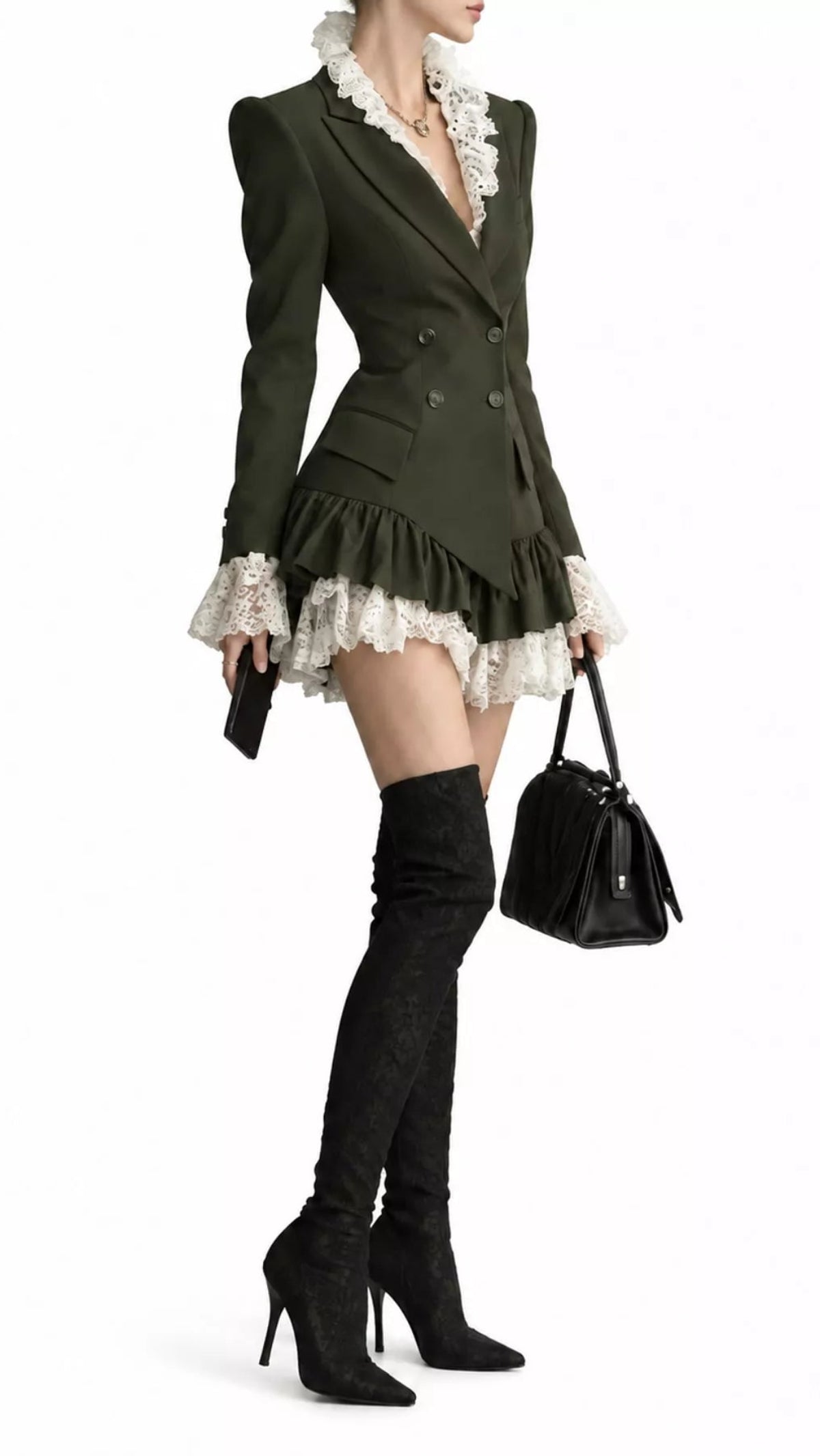Lace Trim Double-Breasted Blazer Dress