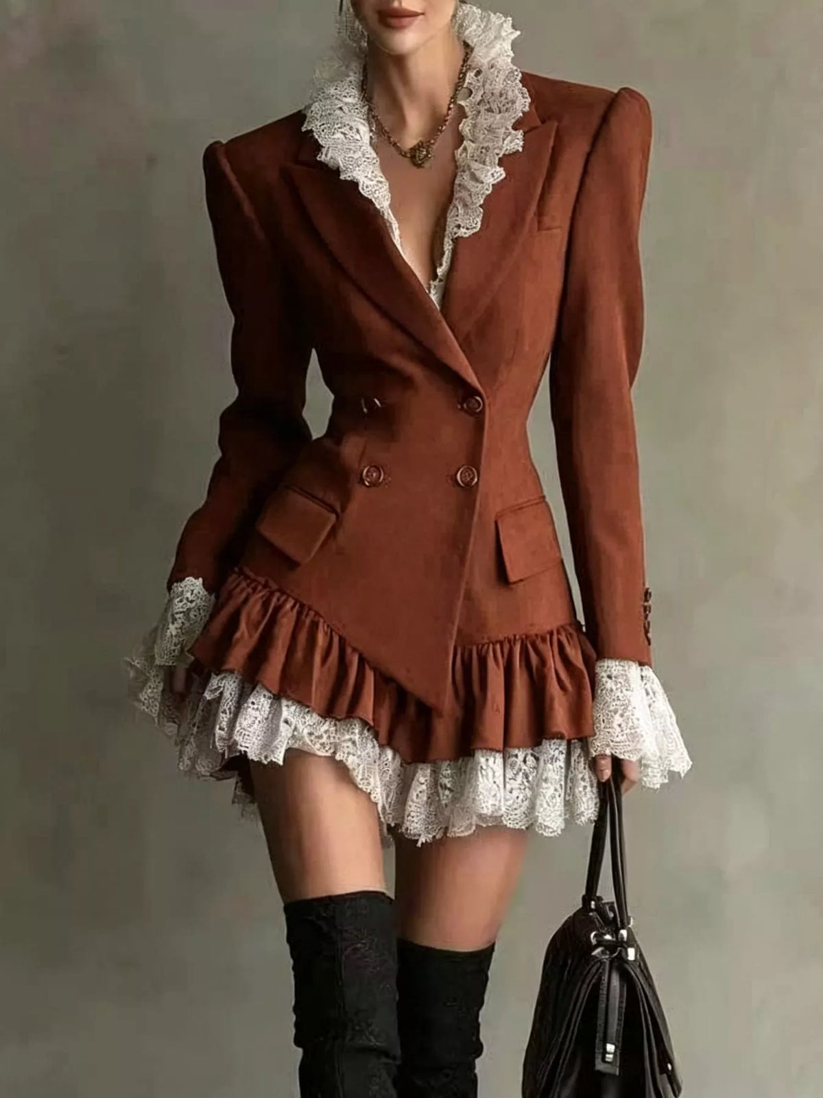 Lace Trim Double-Breasted Blazer Dress