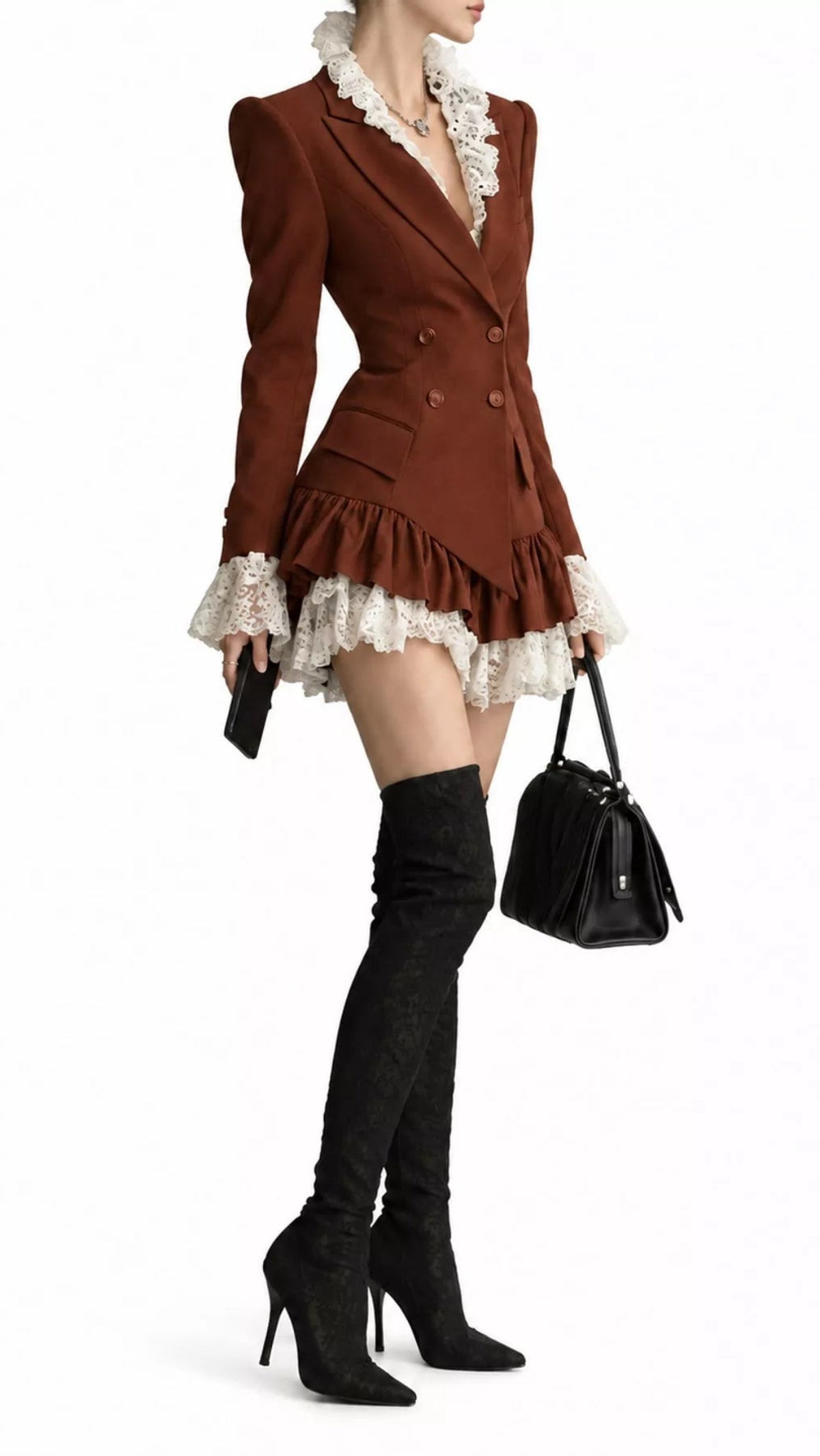 Lace Trim Double-Breasted Blazer Dress
