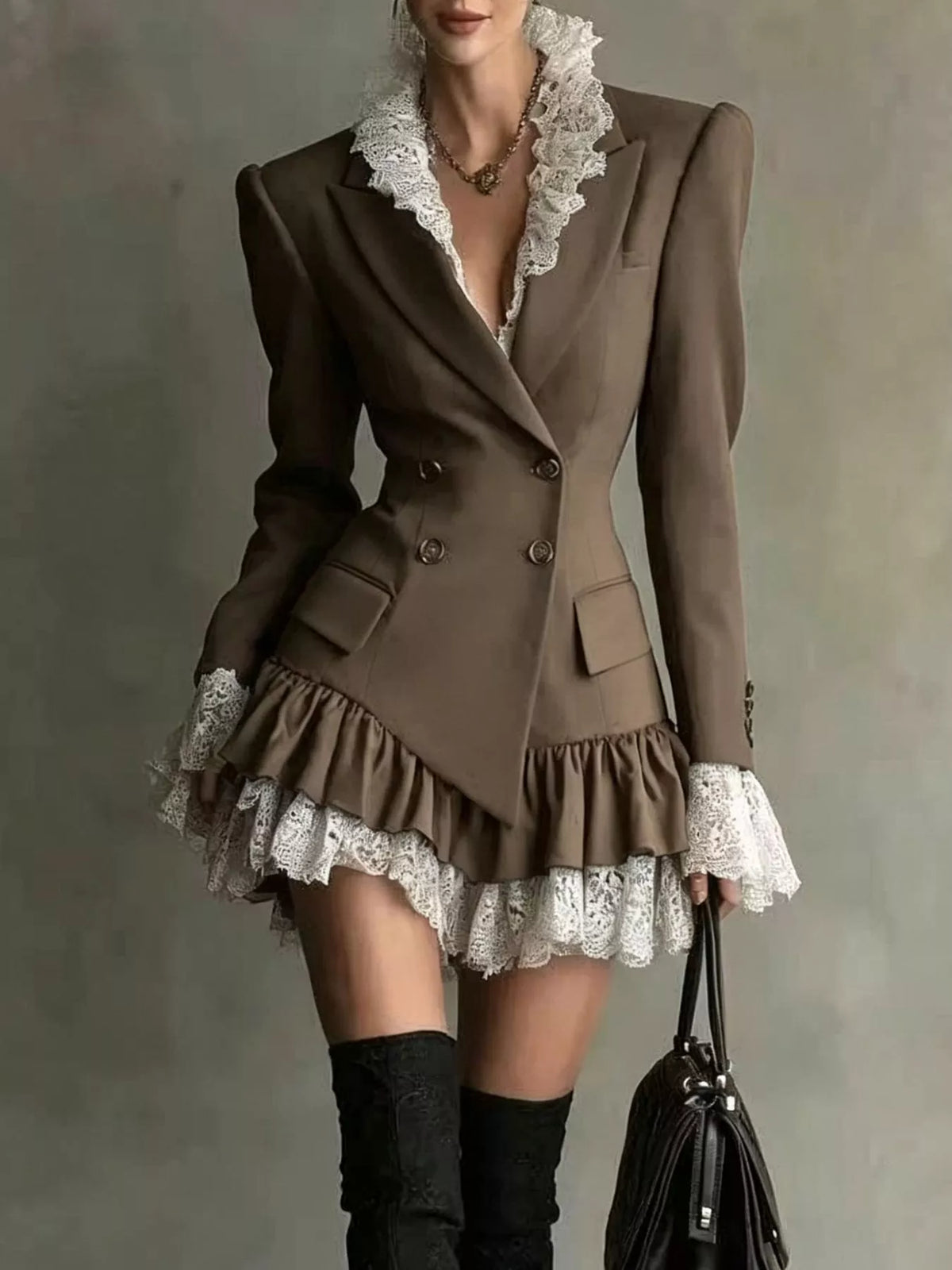 Lace Trim Double-Breasted Blazer Dress