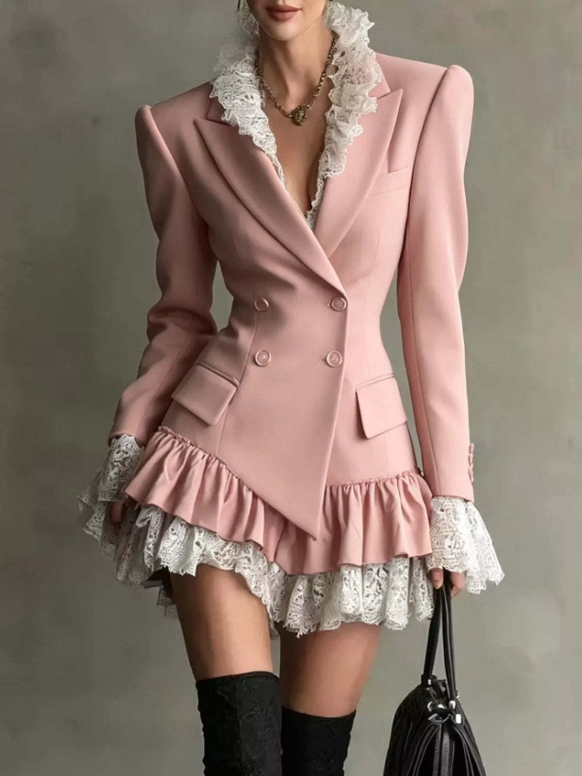 Lace Trim Double-Breasted Blazer Dress