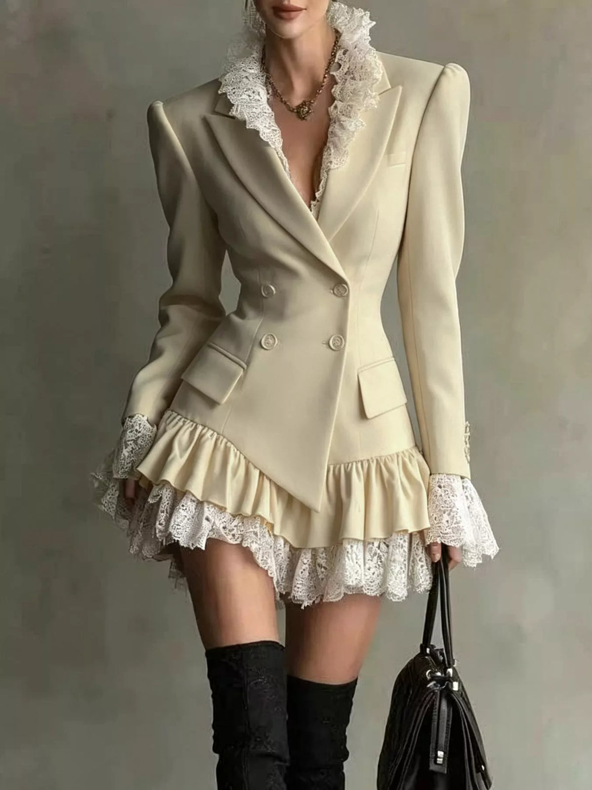 Lace Trim Double-Breasted Blazer Dress