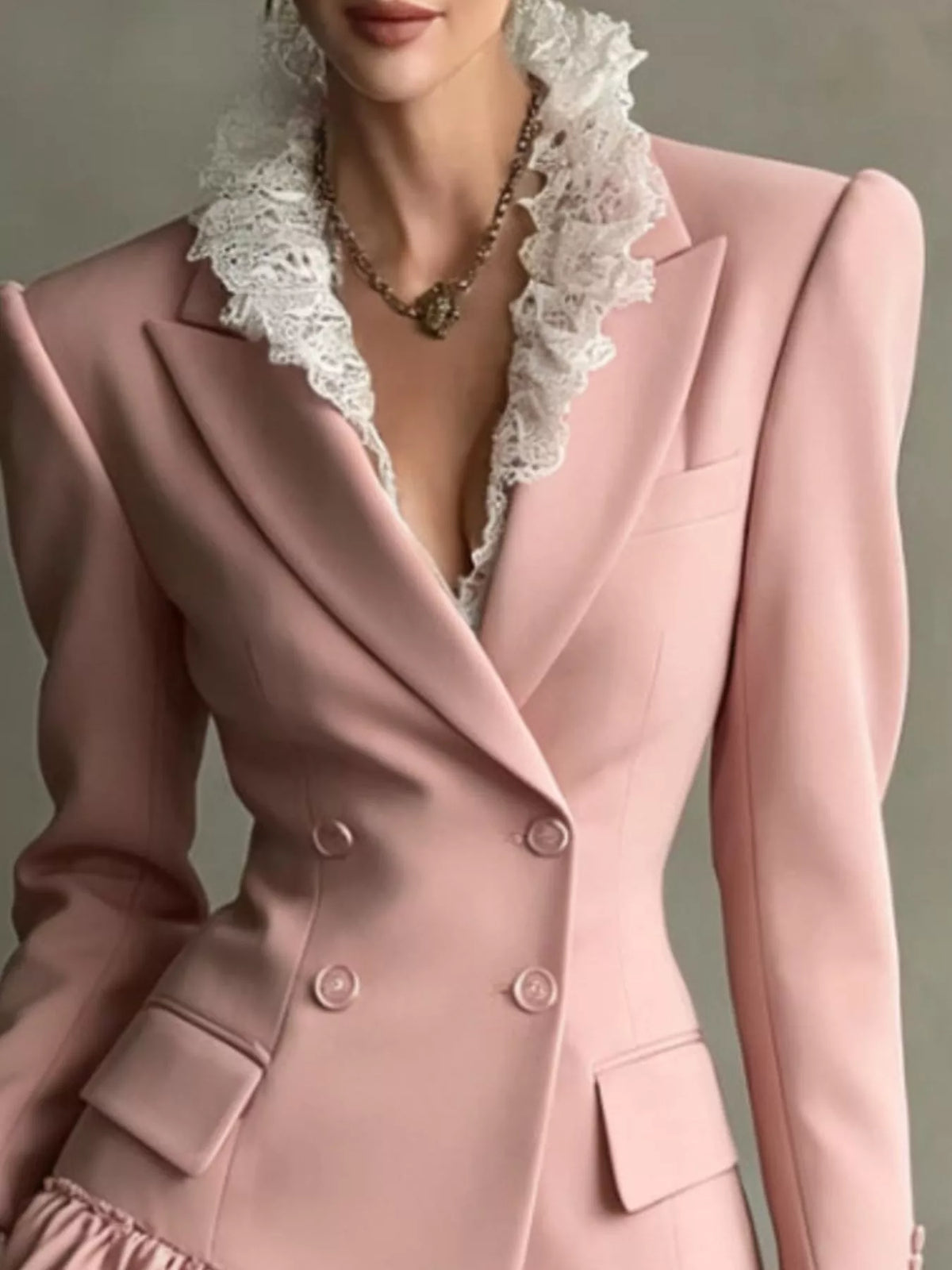 Lace Trim Double-Breasted Blazer Dress