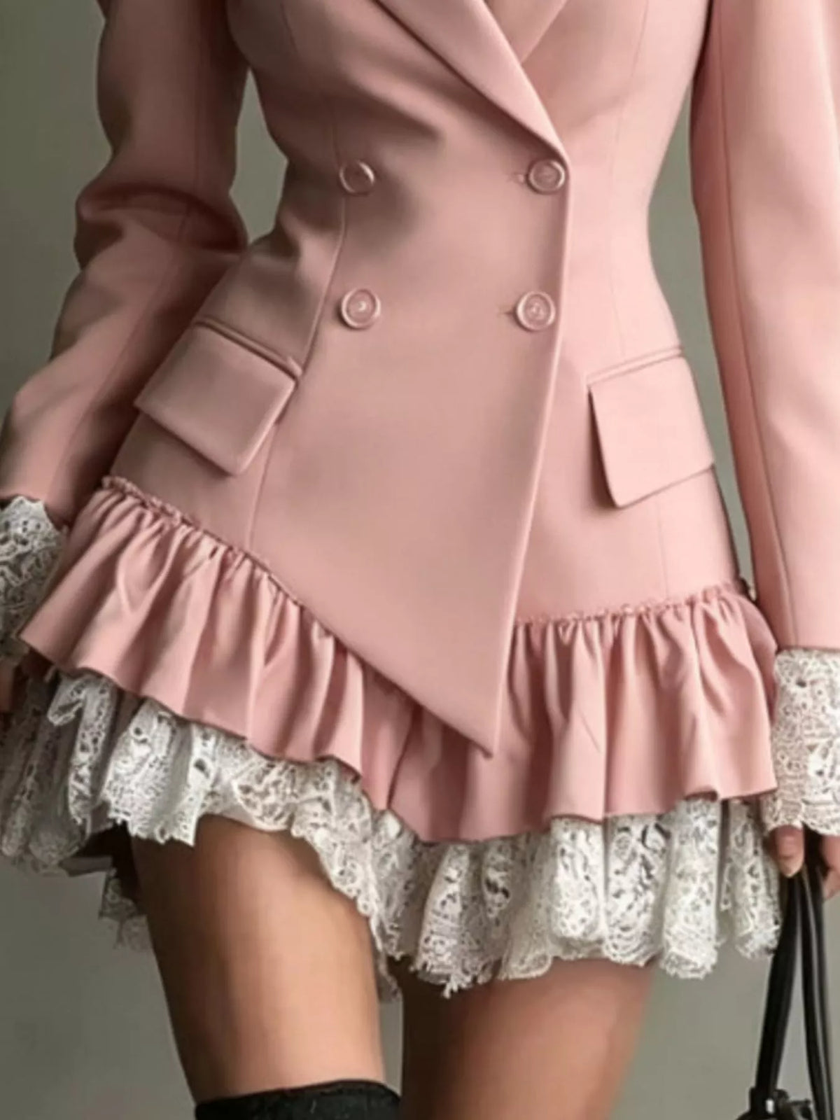 Lace Trim Double-Breasted Blazer Dress