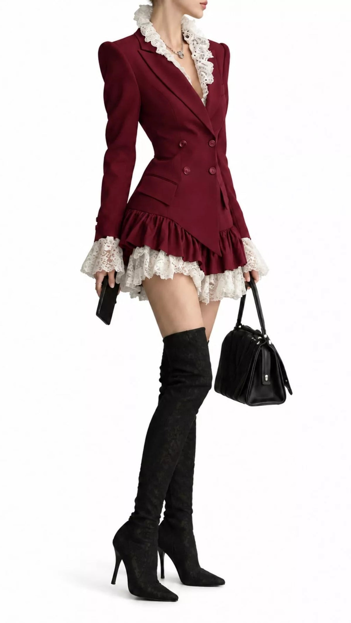 Lace Trim Double-Breasted Blazer Dress