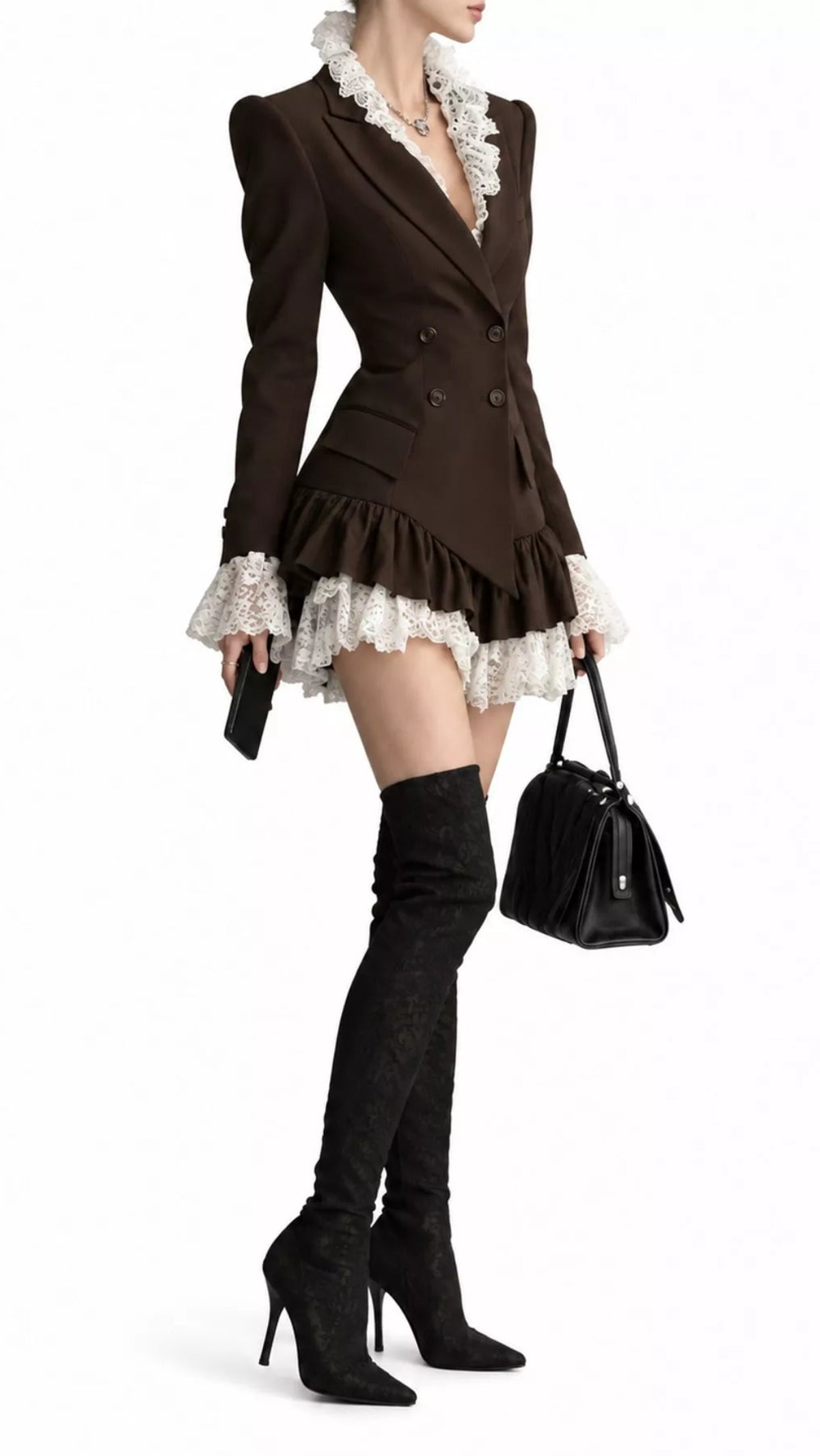 Lace Trim Double-Breasted Blazer Dress