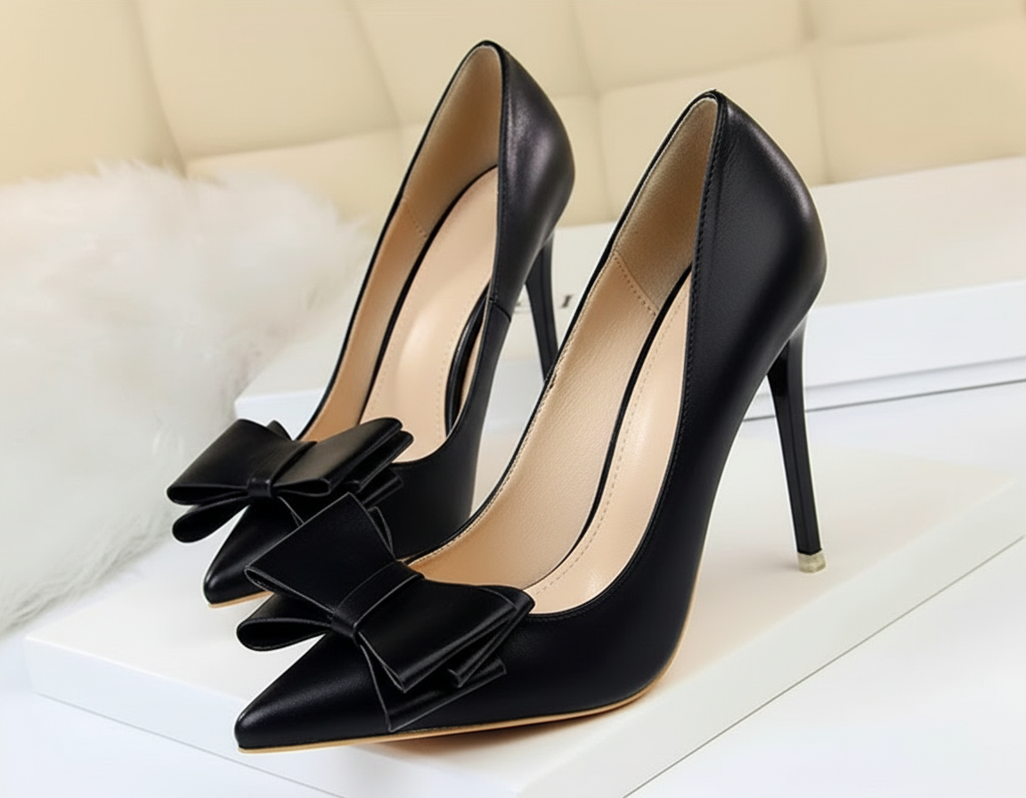 Leather Bow High Heels Pumps - Easy Pickins Store