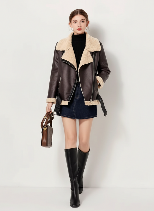 Leather Faux Fur Thicken Warm Slim Coat - Easy Pickins Store