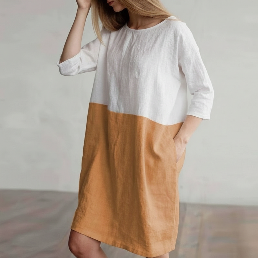 Patchwork Half-Sleeved Linen Oversize Loose Pockets Tunic