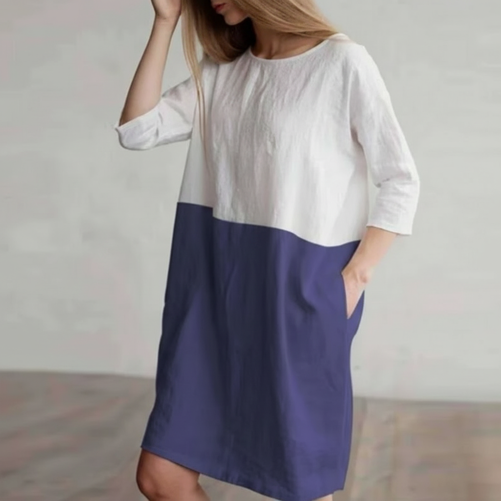 Patchwork Half-Sleeved Linen Oversize Loose Pockets Tunic