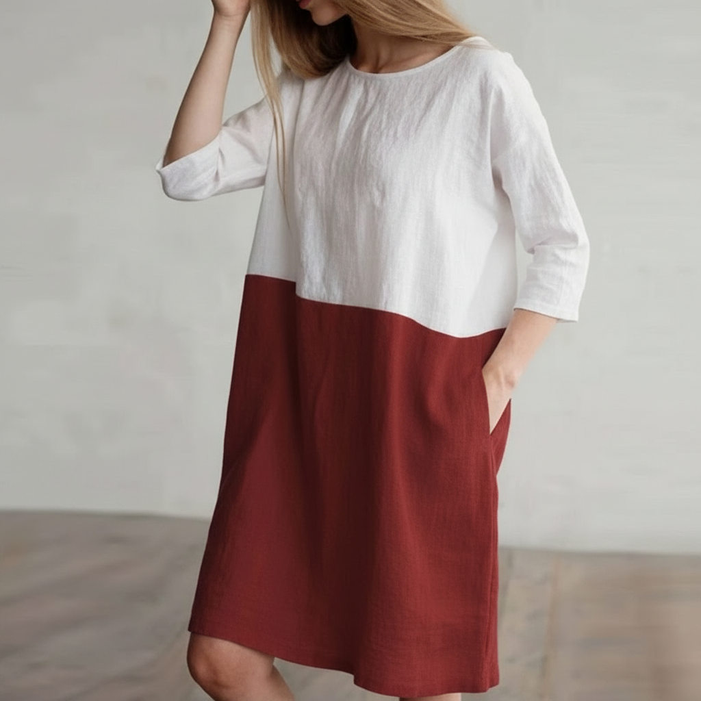 Patchwork Half-Sleeved Linen Oversize Loose Pockets Tunic