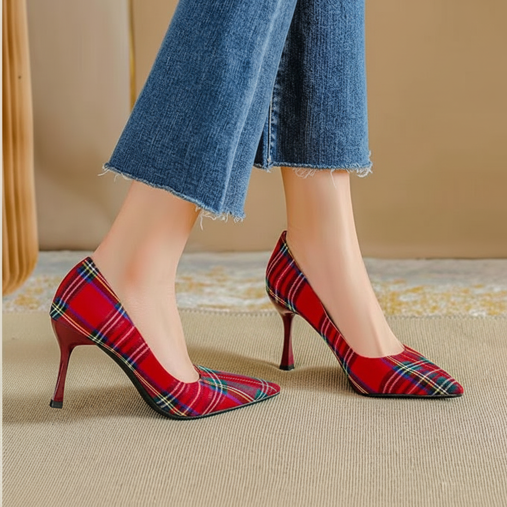Pointed Plaid Shallow High Thin Heels Pumps - Easy Pickins