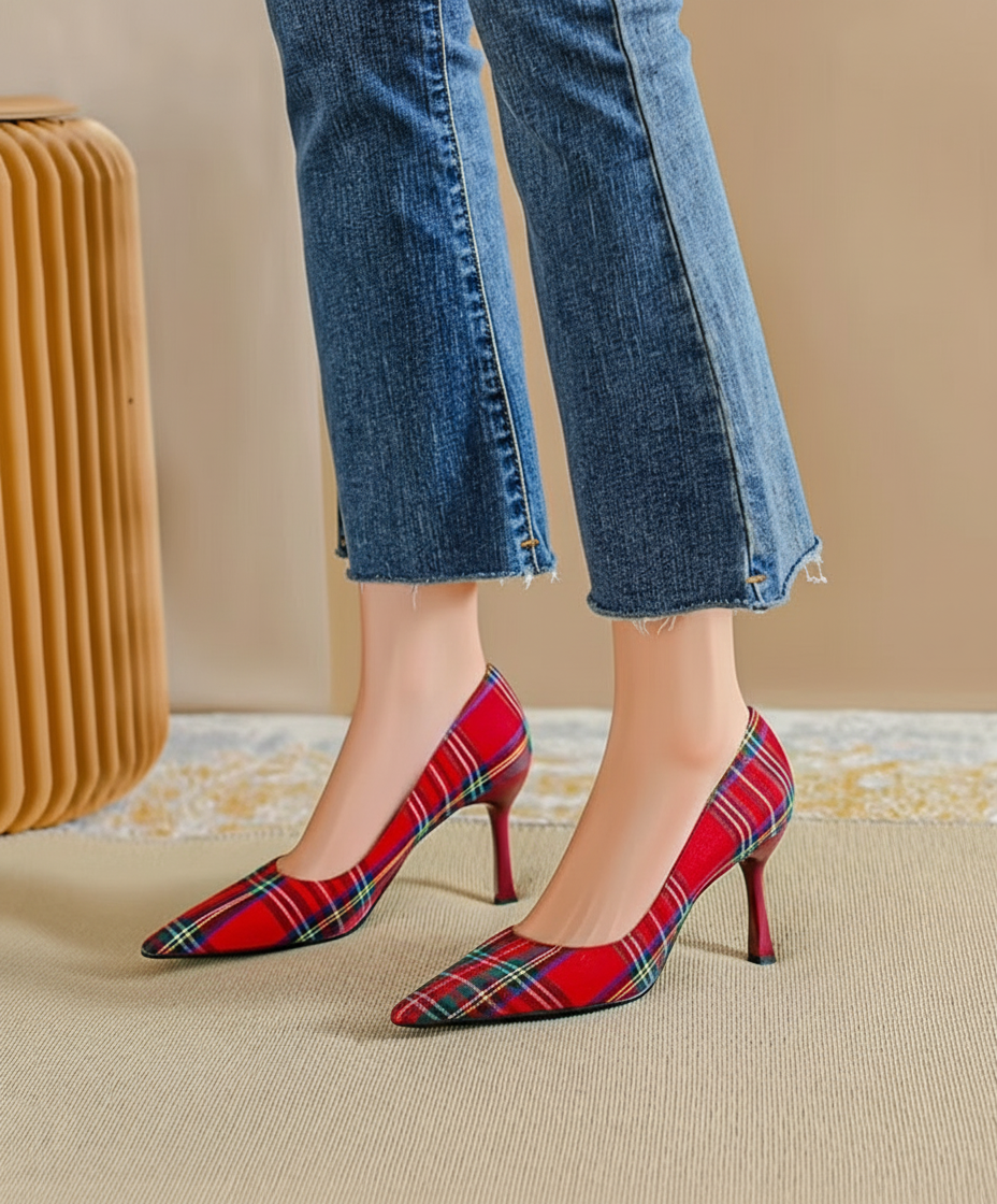 Pointed Plaid Shallow High Thin Heels Pumps - Easy Pickins