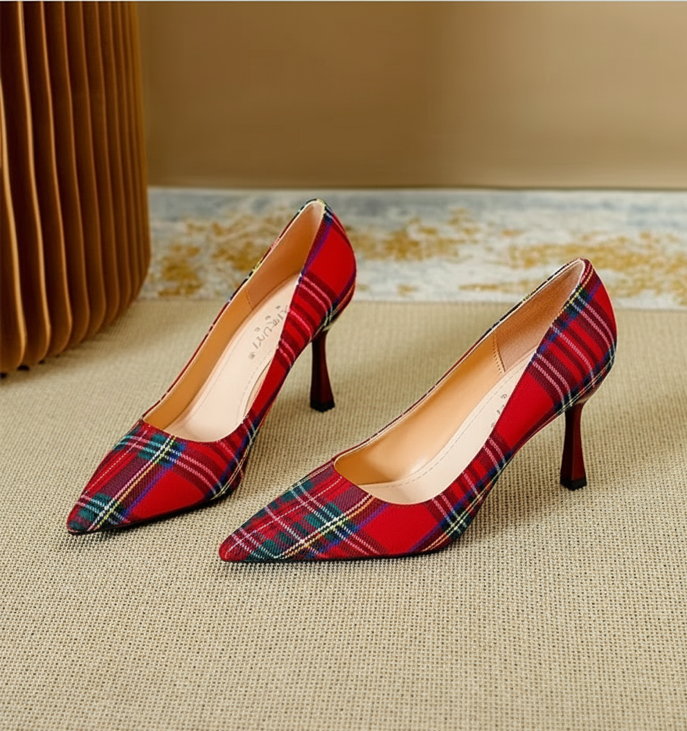 Pointed Plaid Shallow High Thin Heels Pumps - Easy Pickins