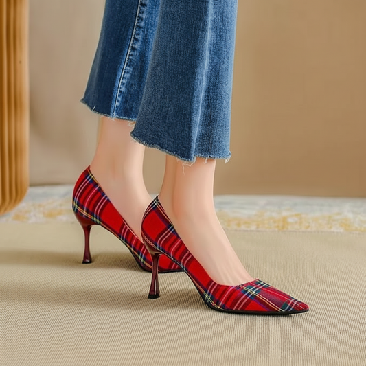 Pointed Plaid Shallow High Thin Heels Pumps - Easy Pickins