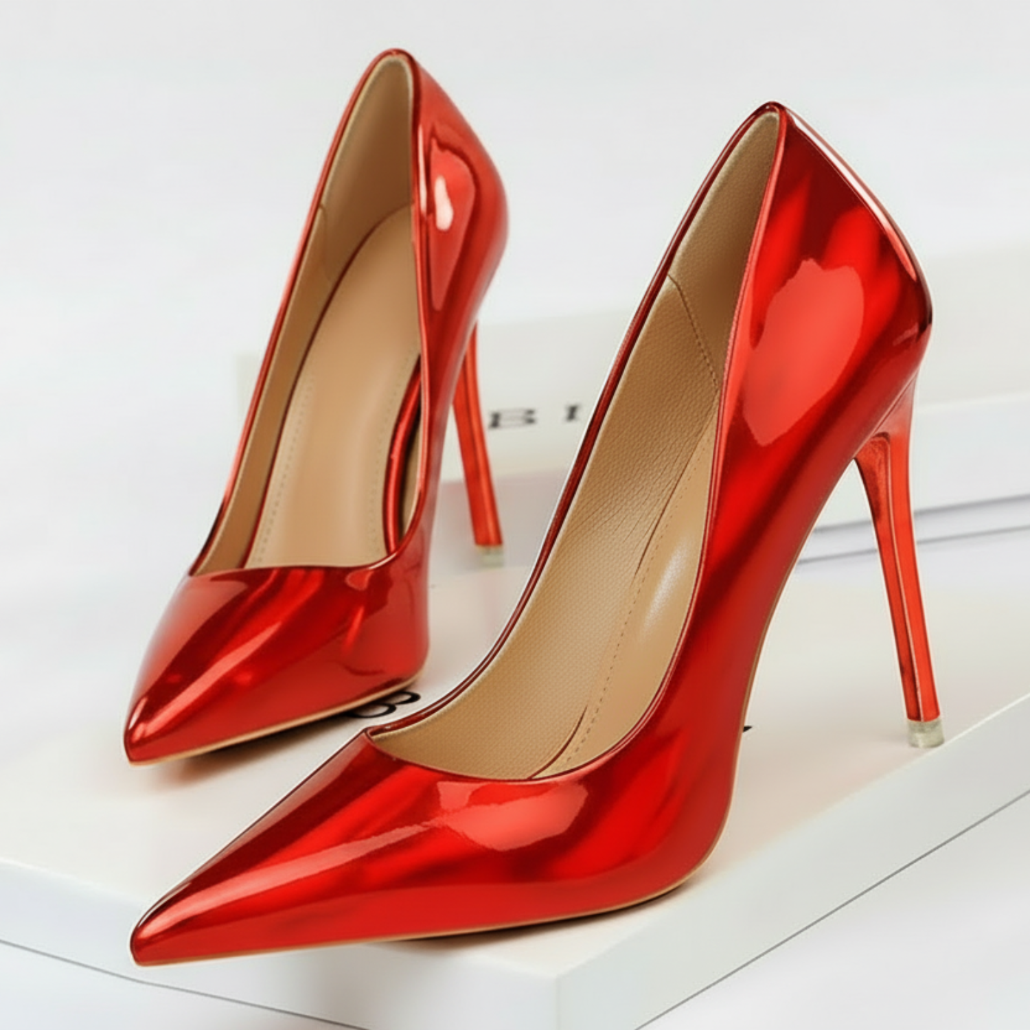 Red Pointed Toe Leather High Thin Heels Pumps | Easy Pickins