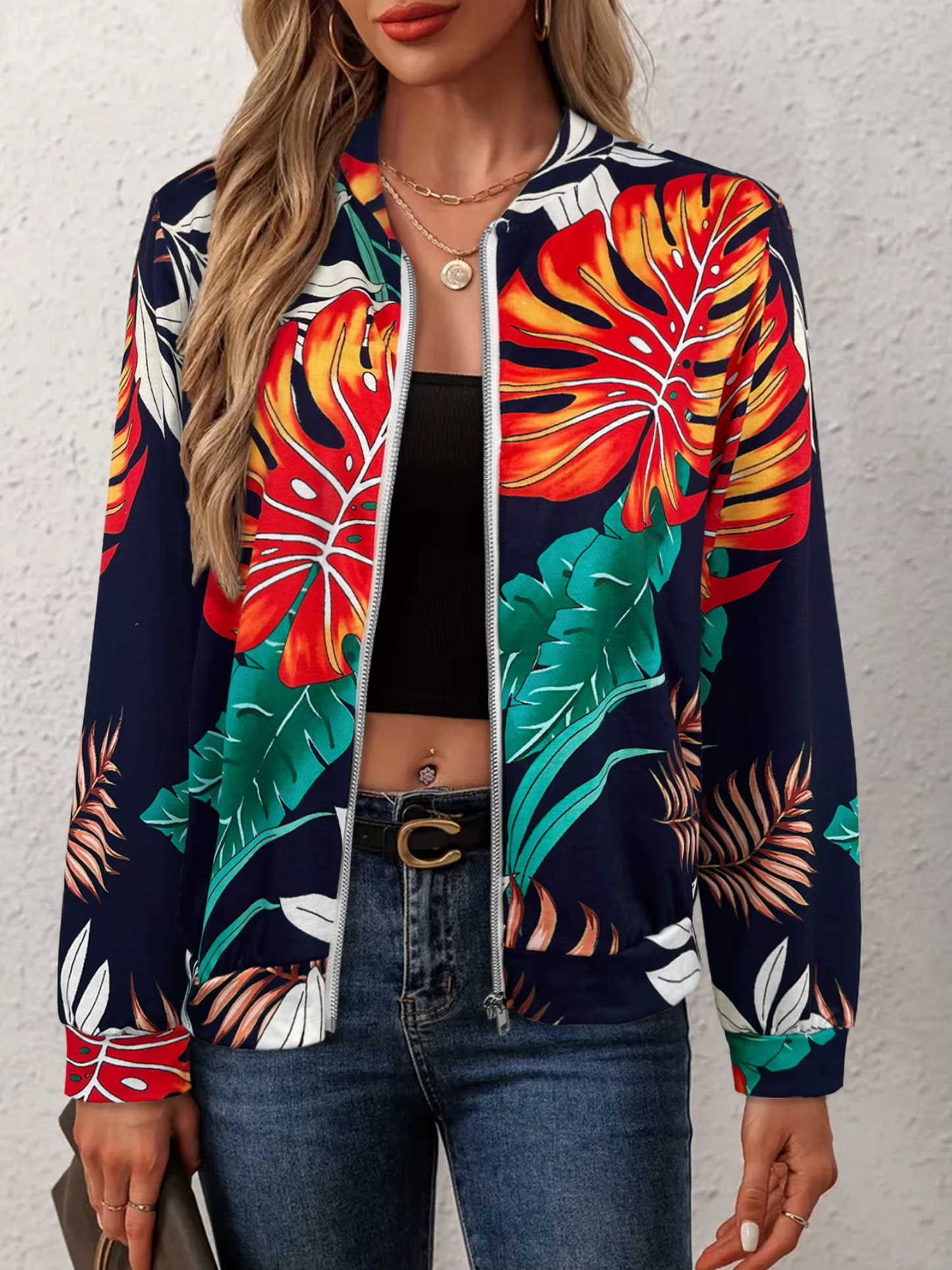 Retro Floral Printed Long Sleeve Outwear Bomber