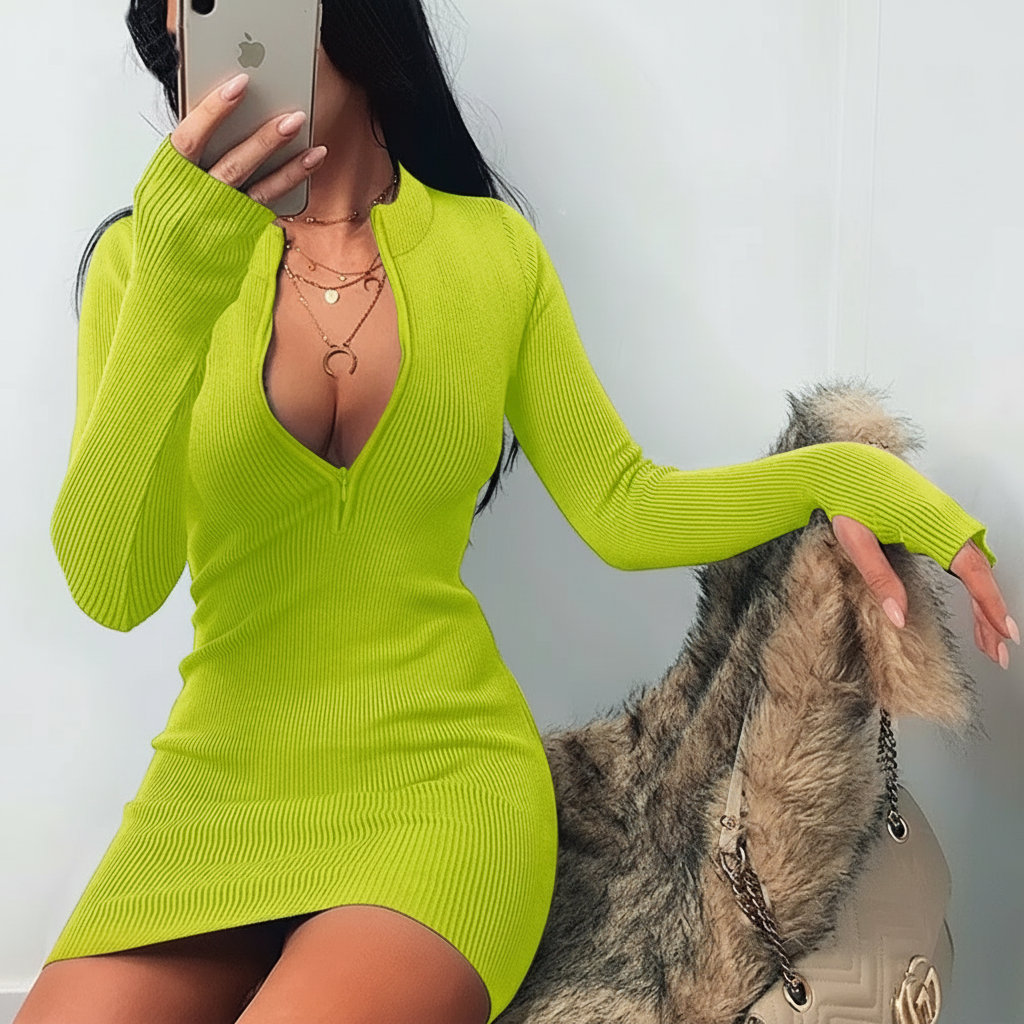 Ribbed Stand Collar Zipper Deep V neck Stretch Pencil Mini Vestido Dress - Easy Pickins Store