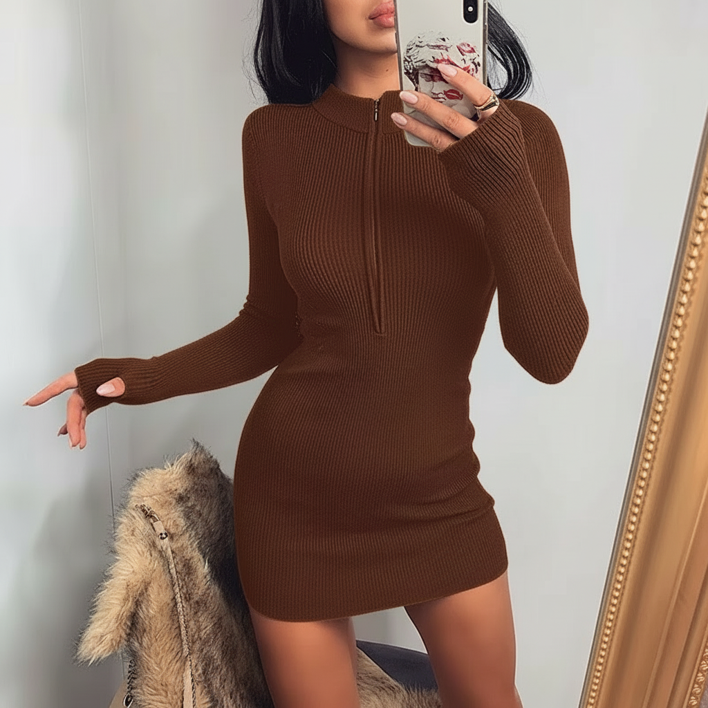 Ribbed Stand Collar Zipper Deep V neck Stretch Pencil Mini Vestido Dress - Easy Pickins Store