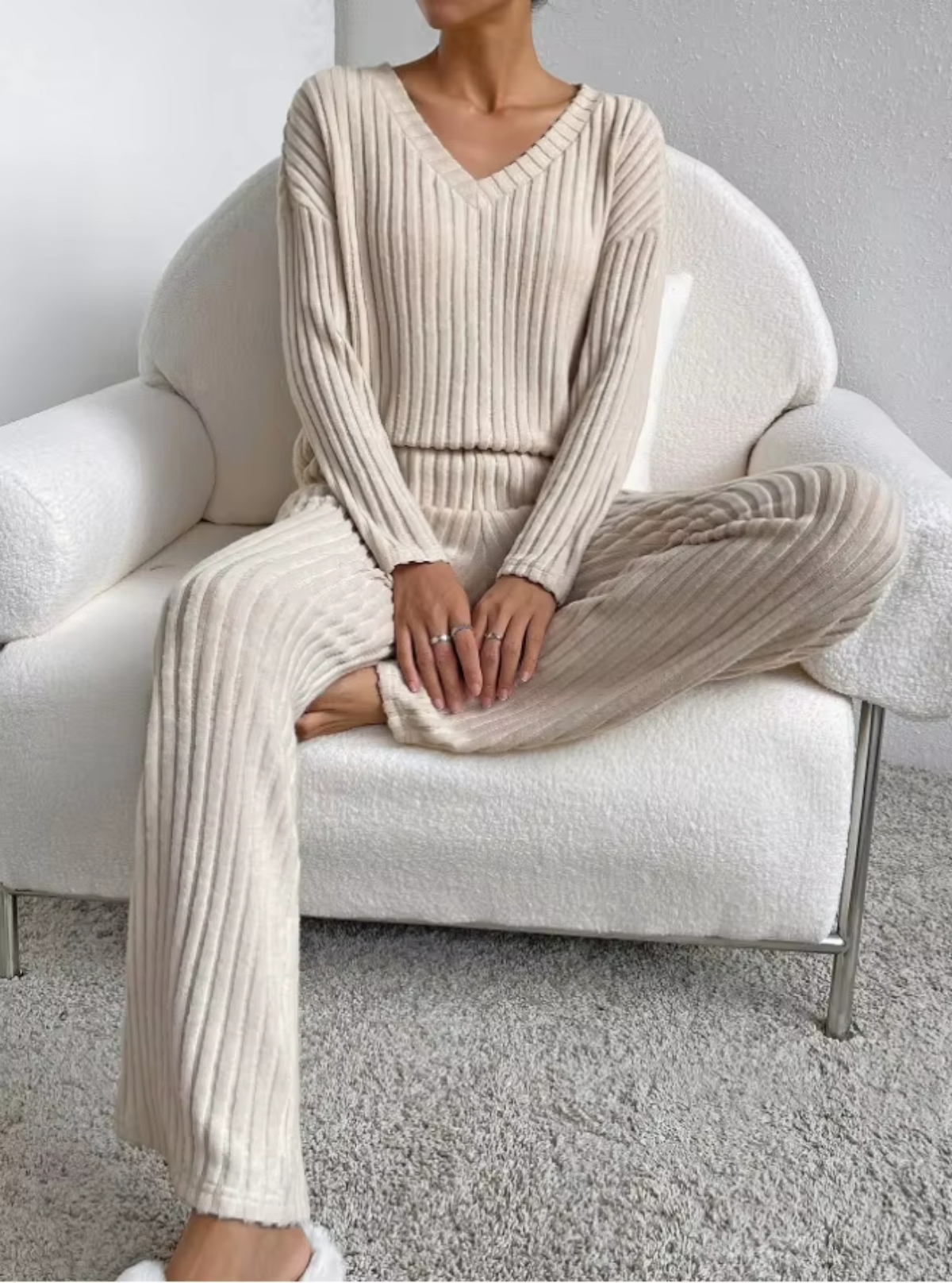 Ribbed V - Neck Top and Pants Lounge Set - Easy Pickins Store