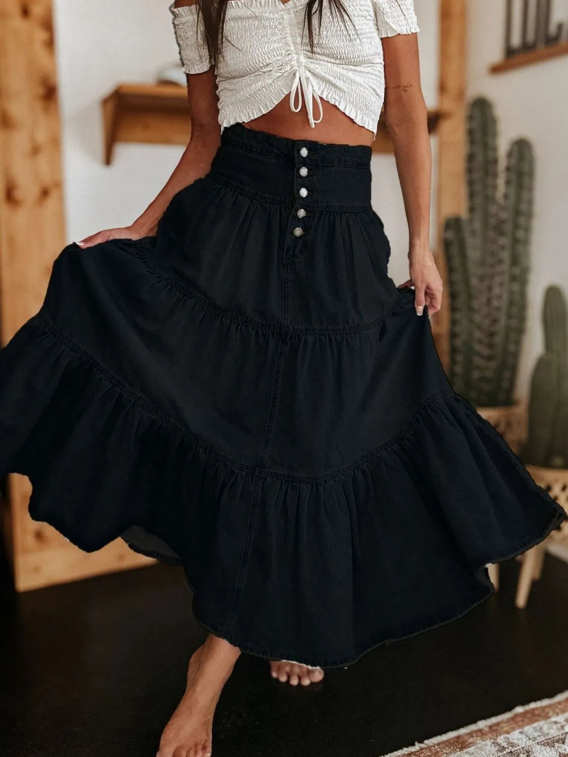 Ruched Button Fly Denim Skirt | Easy Pickins