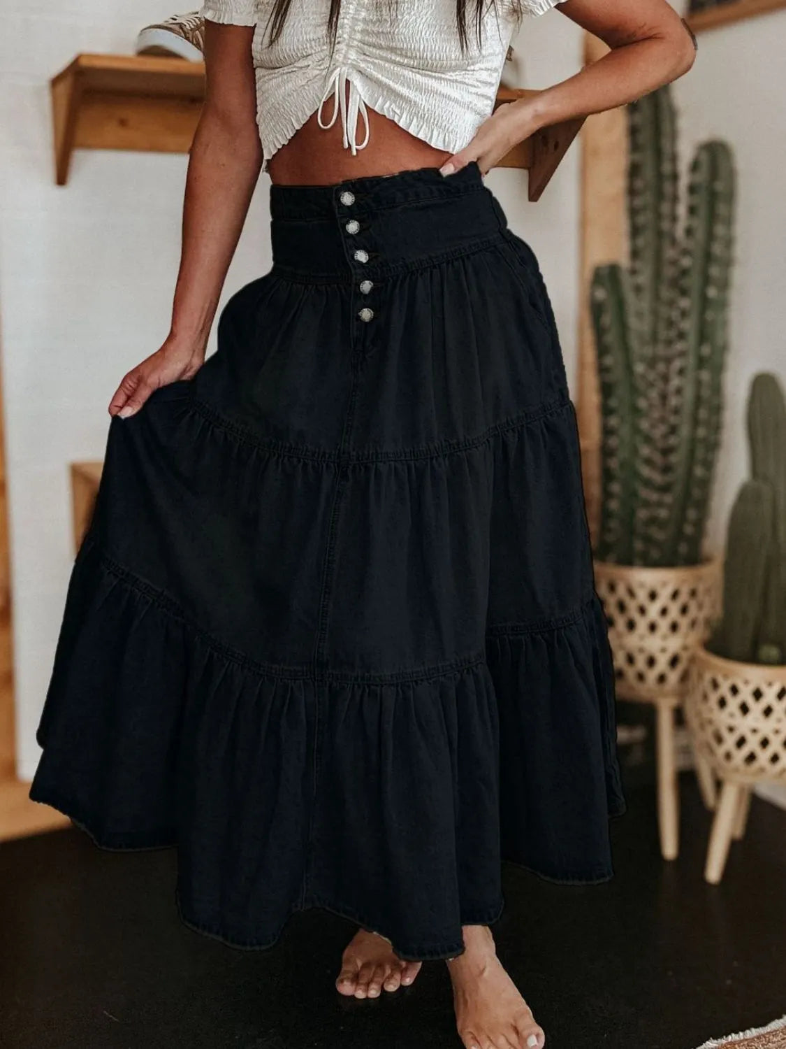 Ruched Button Fly Denim Skirt | Easy Pickins