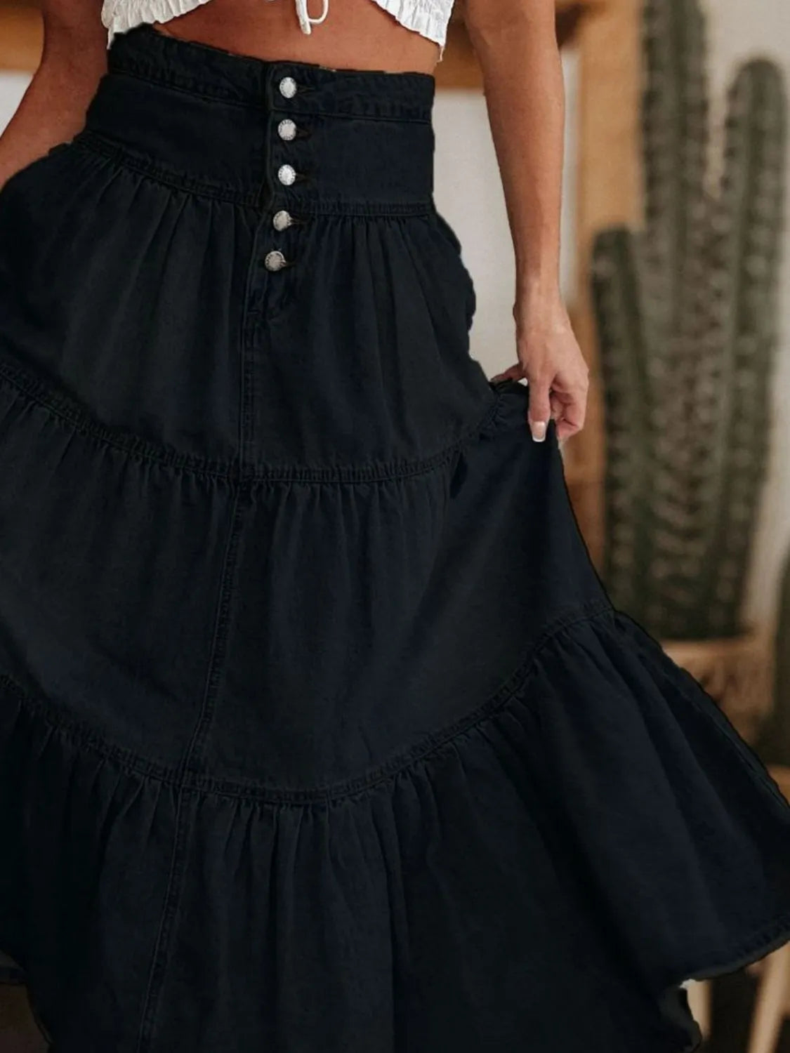 Ruched Button Fly Denim Skirt | Easy Pickins