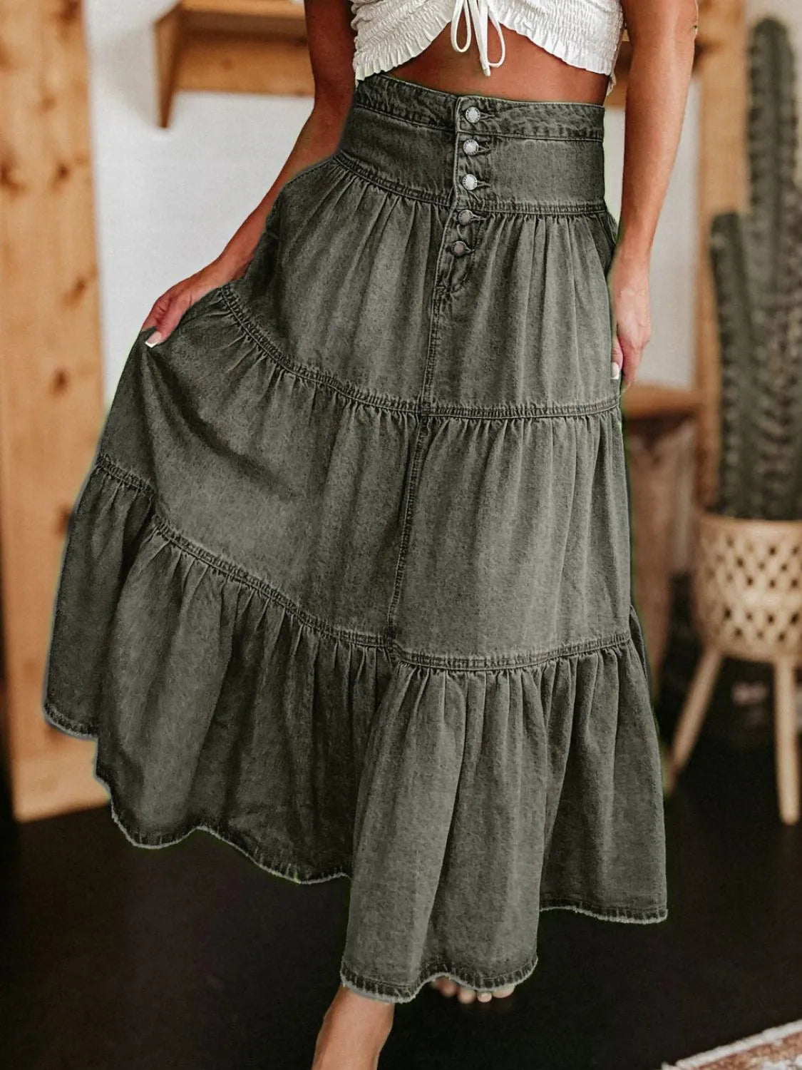 Ruched Button Fly Denim Skirt | Easy Pickins