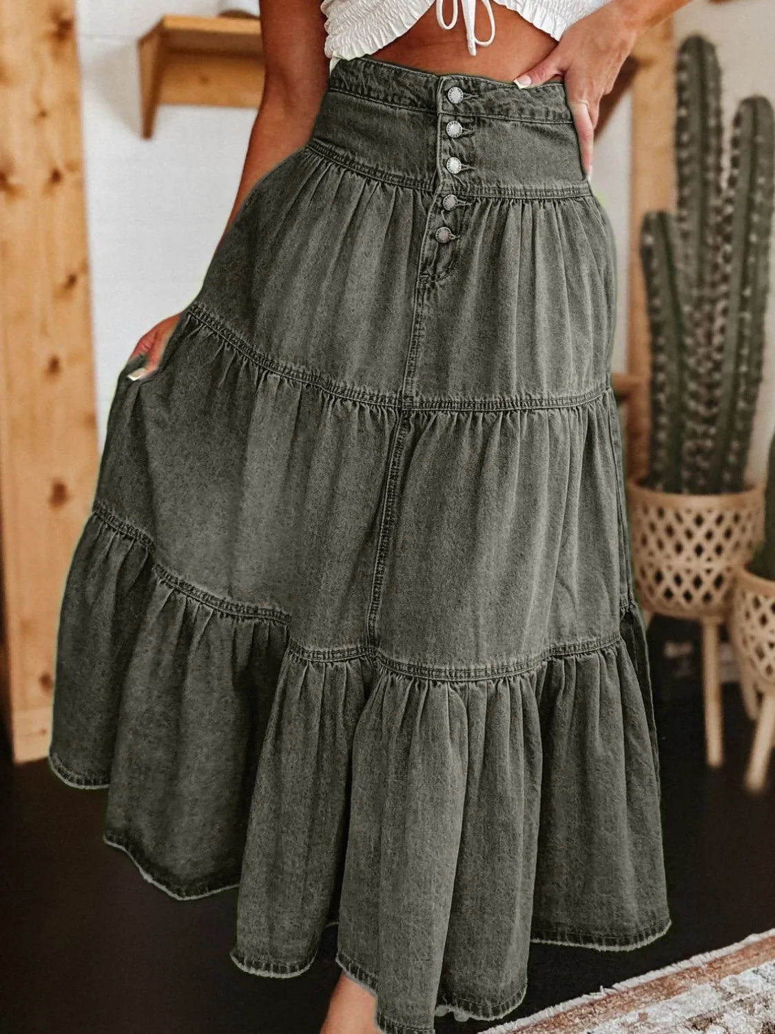 Ruched Button Fly Denim Skirt | Easy Pickins