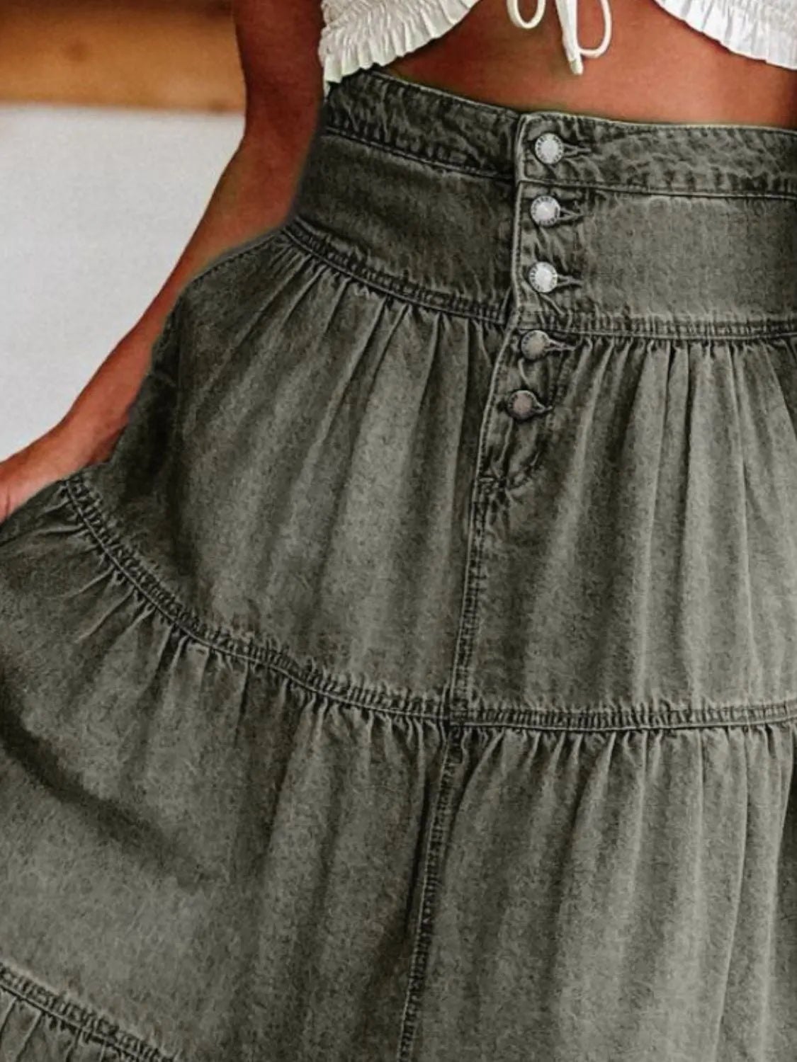 Ruched Button Fly Denim Skirt | Easy Pickins