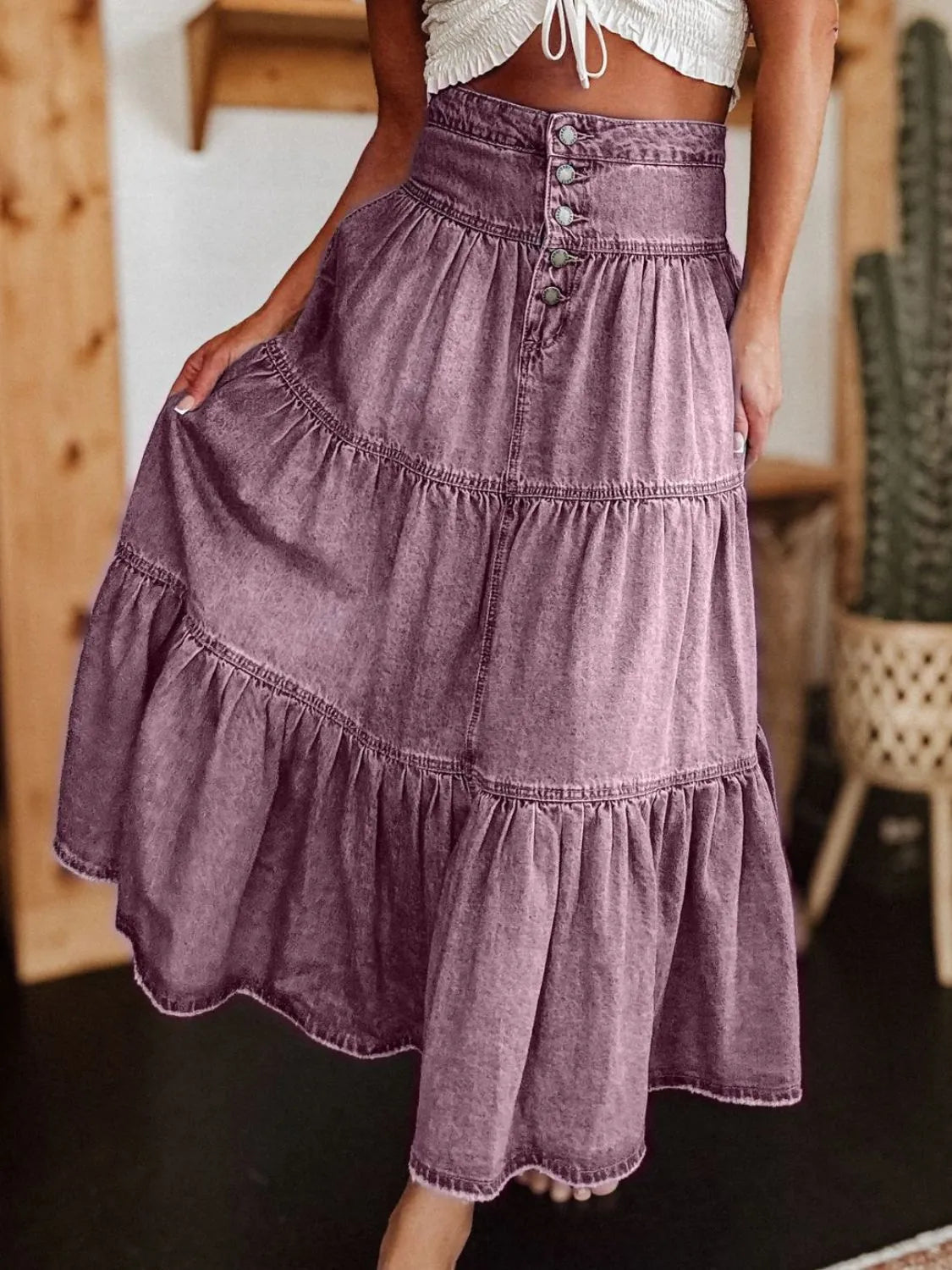 Ruched Button Fly Denim Skirt | Easy Pickins