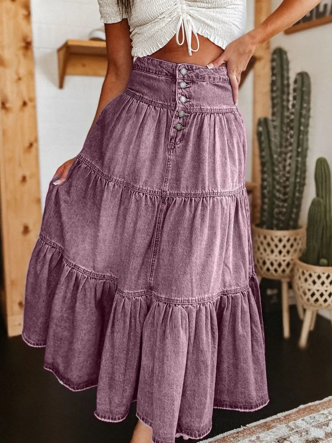 Ruched Button Fly Denim Skirt | Easy Pickins