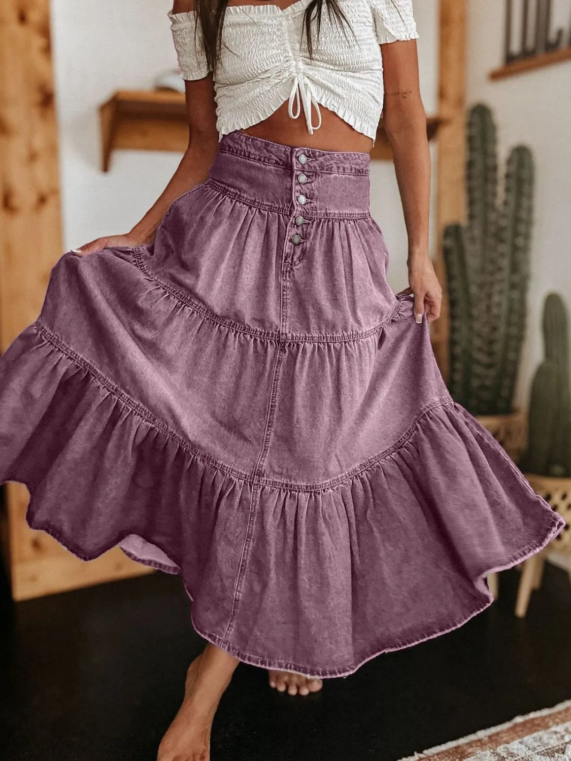 Ruched Button Fly Denim Skirt | Easy Pickins