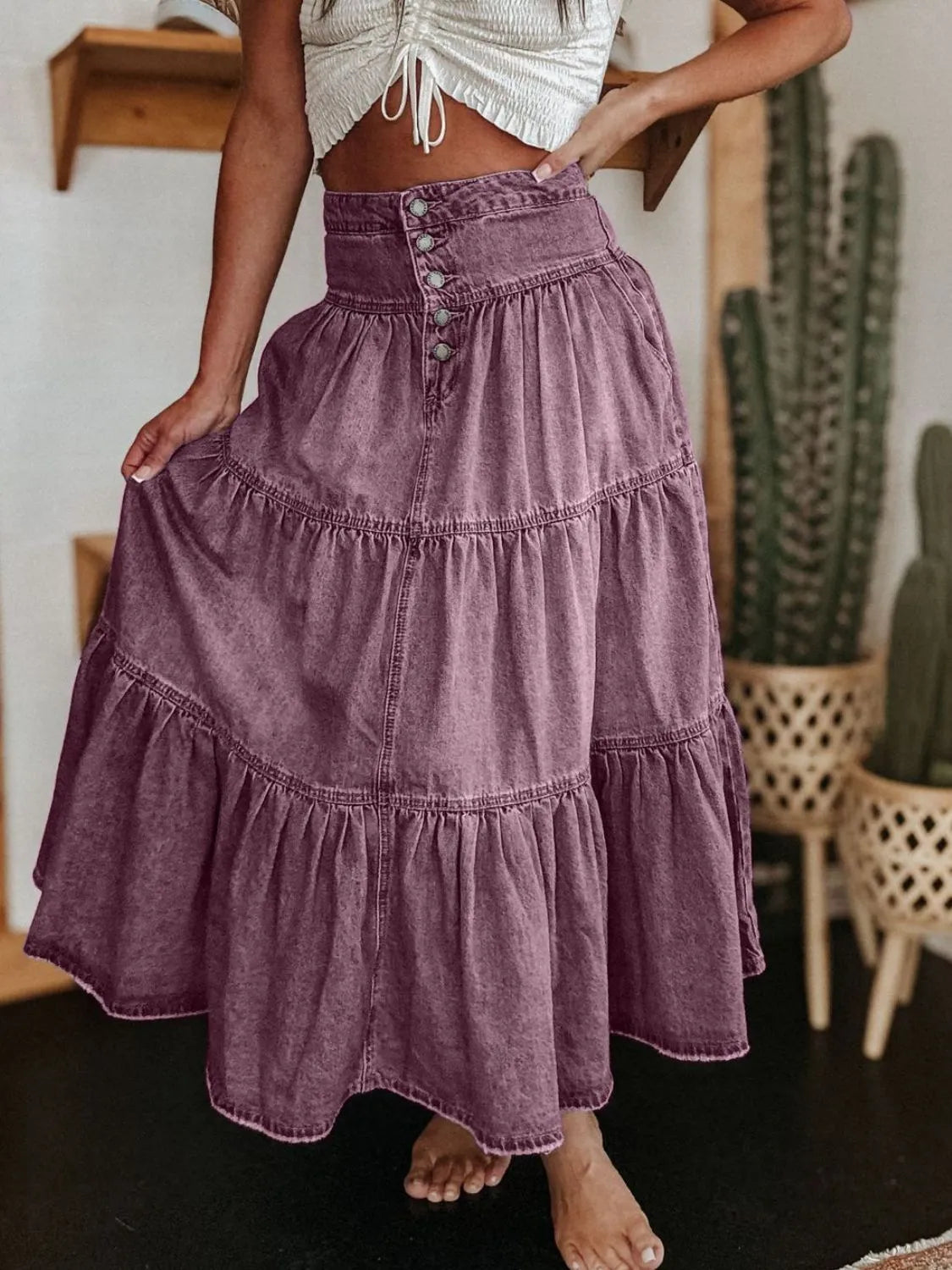 Ruched Button Fly Denim Skirt | Easy Pickins