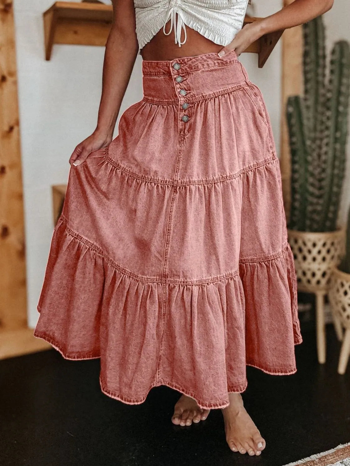 Ruched Button Fly Denim Skirt | Easy Pickins