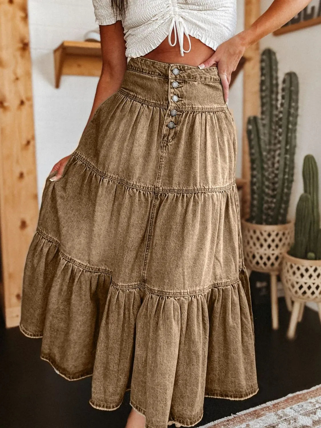 Ruched Button Fly Denim Skirt | Easy Pickins