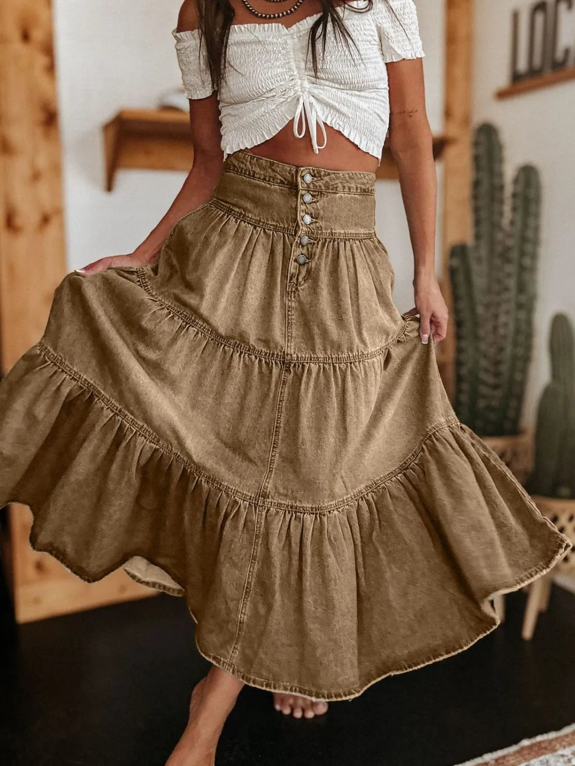 Ruched Button Fly Denim Skirt | Easy Pickins