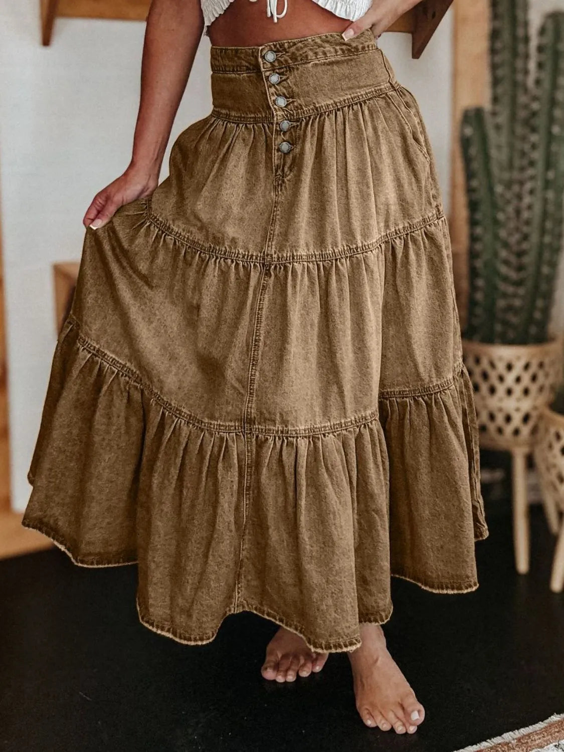 Ruched Button Fly Denim Skirt | Easy Pickins