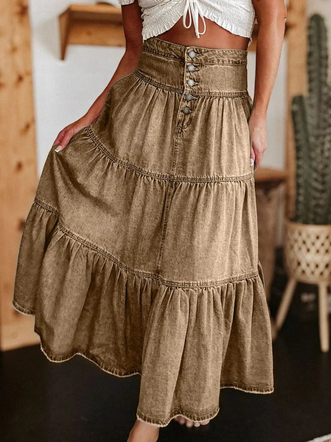 Ruched Button Fly Denim Skirt | Easy Pickins