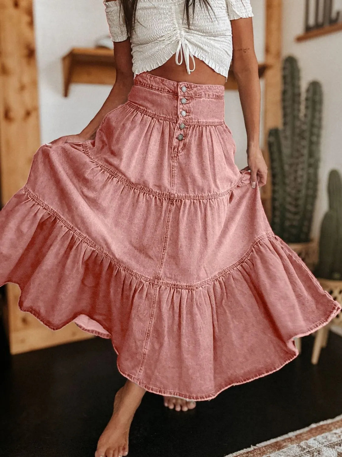 Ruched Button Fly Denim Skirt | Easy Pickins